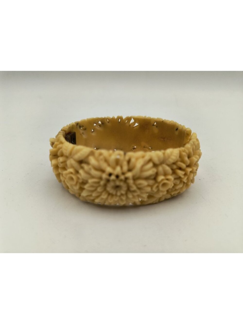 Vintage Carved Celluloid Floral Bangle Bracelet With Hinged Clasp